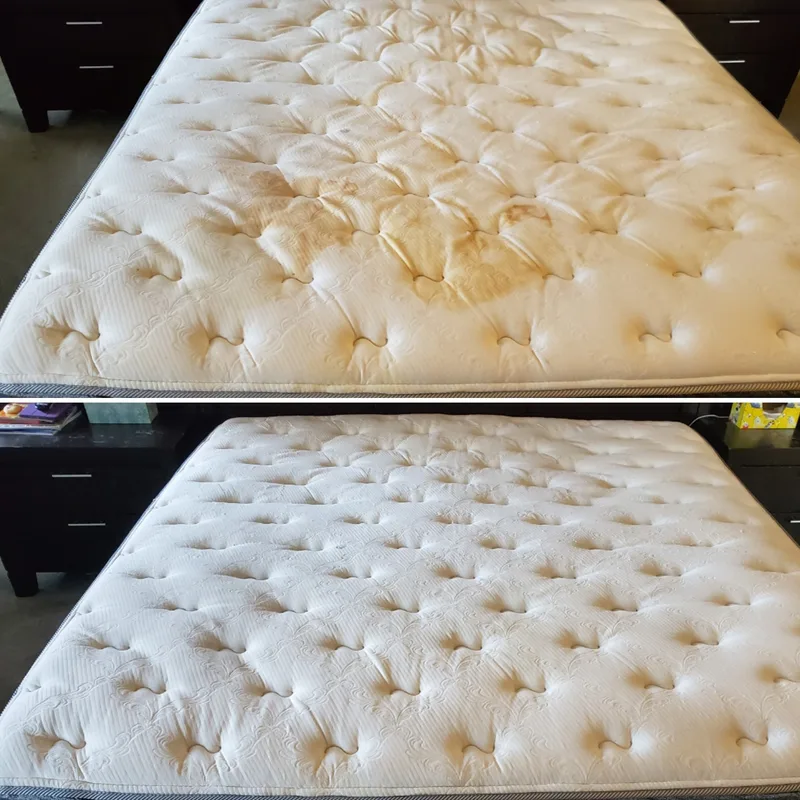 Mattress before and after deep cleaning — stains fully removed