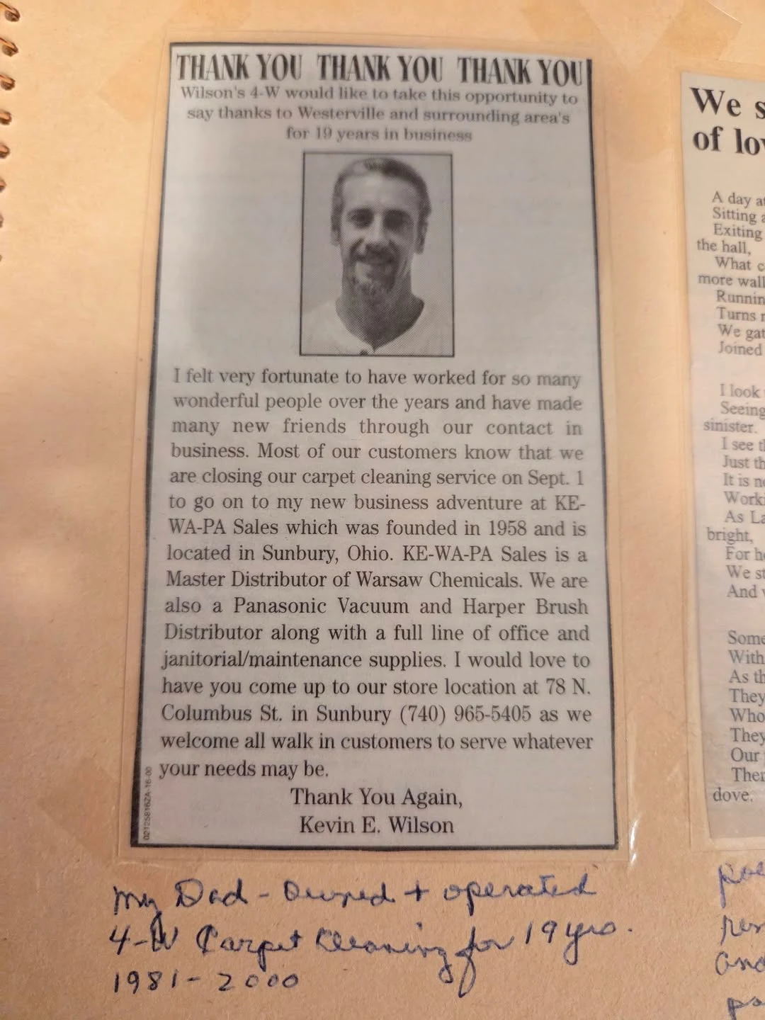 Newspaper article featuring Bryan's father's carpet cleaning business in Central Ohio