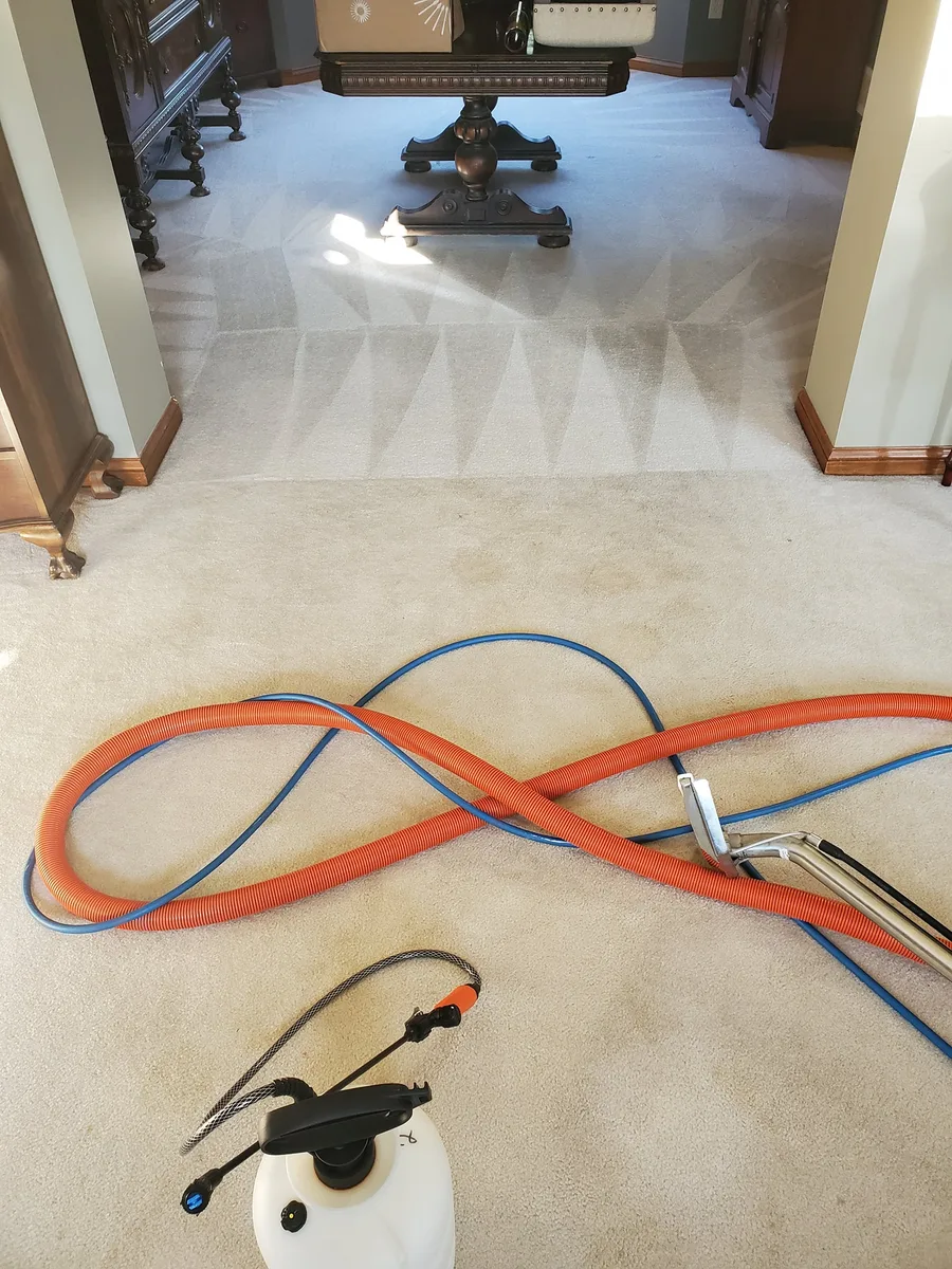 Truck-mount hoses and wand in a living room — full carpet extraction in progress